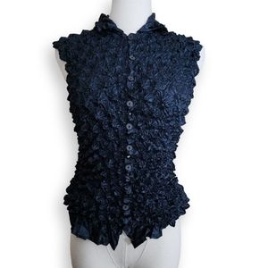 Black Stretch Button-Up Crinkle Top, Women's OSFM